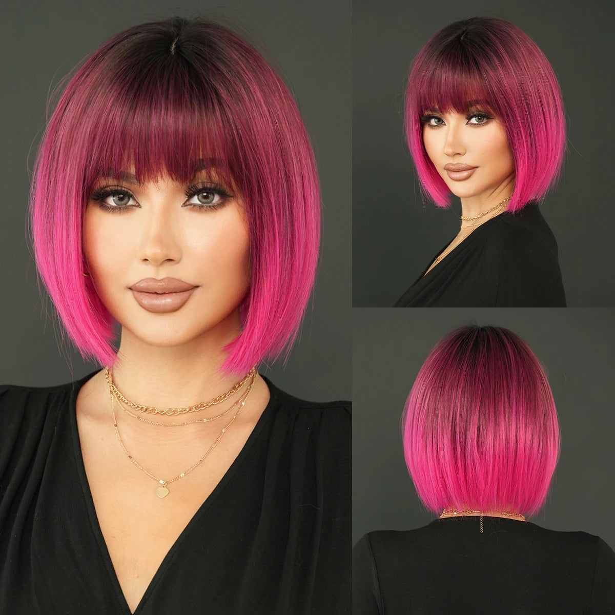 the NAOMI - Rose Pink Short Wig for Women, Daily Party Overhead Dyeing Black Natural Synthetic Lavender Heat Resistant Straight Wigs