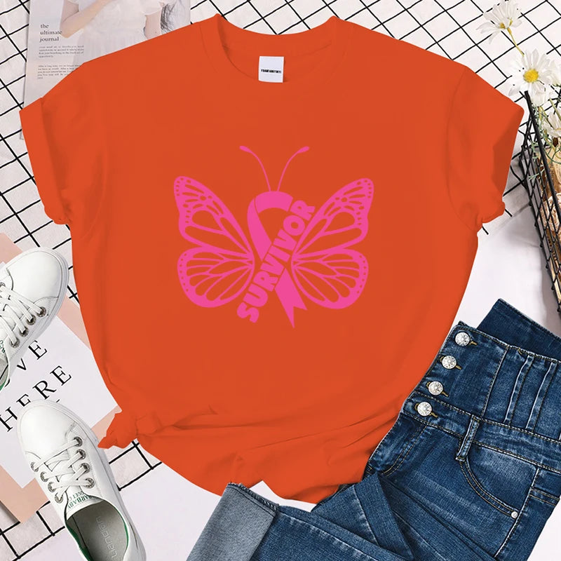 the SURVIVOR BUTTERFLY - Breast Cancer Awareness Survivor Butterfly Printed T-Shirt for Women
