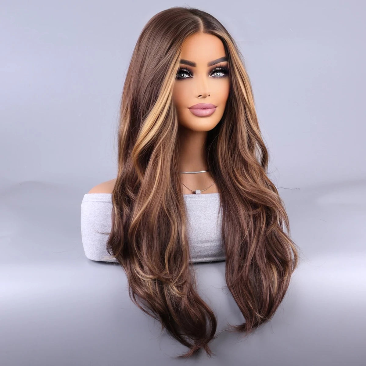 the BROOKE SHIELDS - Synthetic Wig European and American Mid-Section Curly Hair Wig, Female Hair Hanging Ear Highlights Fluffy Big Waves Mixed Brown