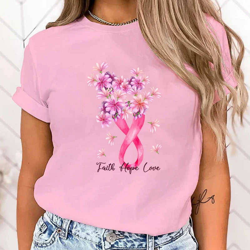 the FLORAL RIBBON - Breast Cancer Awareness Faith Hope Love Print T-Shirt Short Sleeve O Neck Loose Women Summer Cool T-Shirt