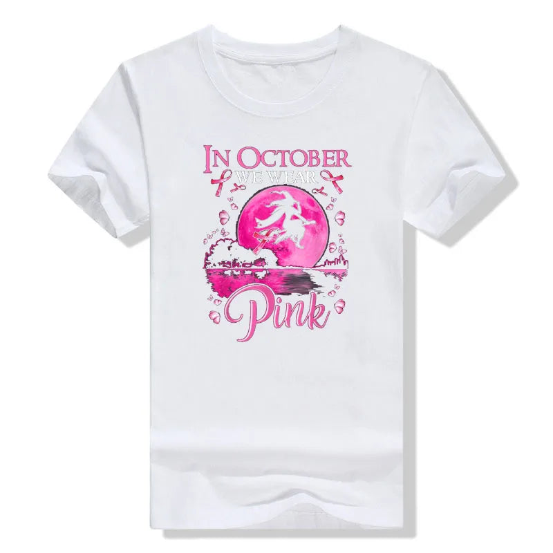 the PINK MOON - In October We Wear Pink Ribbon Witch Halloween Costume Breast Cancer T-Shirt for Women