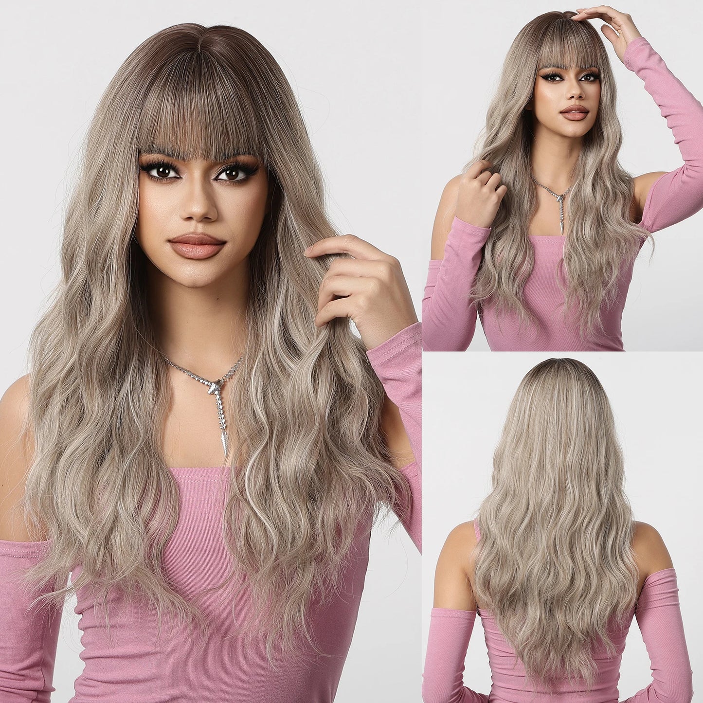 the BANG BADDIE - Ombre Brown Synthetic Long Wavy Wig with Fluffy Bangs for Women, Natural Hair Brown Blonde Highlight Wigs for Daily Cosplay Use