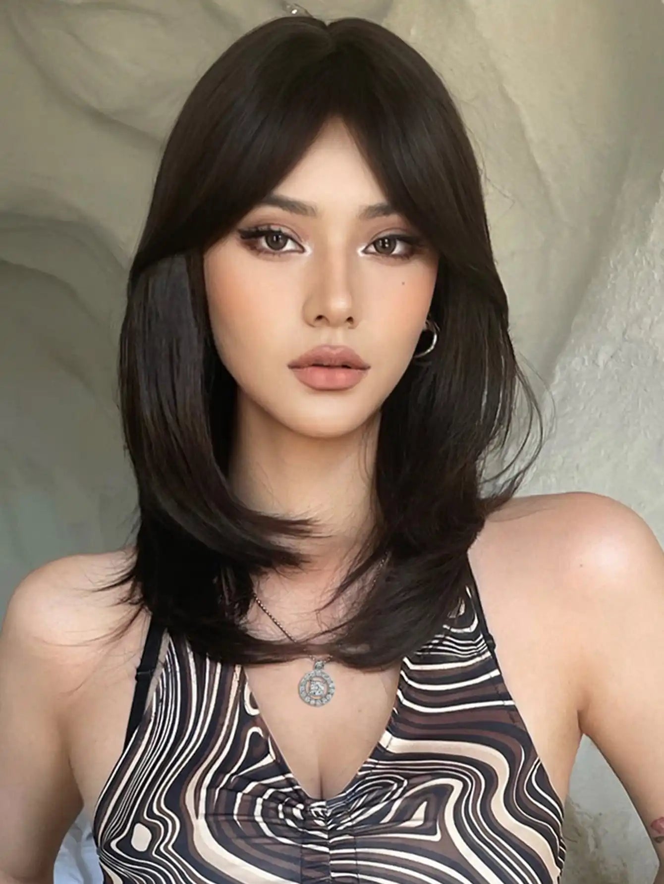 the MULAN - Shoulder Black Brown Layered Synthetic Natural Hair Wigs for Women, Straight Daily Women's Heat-Resistant Wig with Curtain Bangs