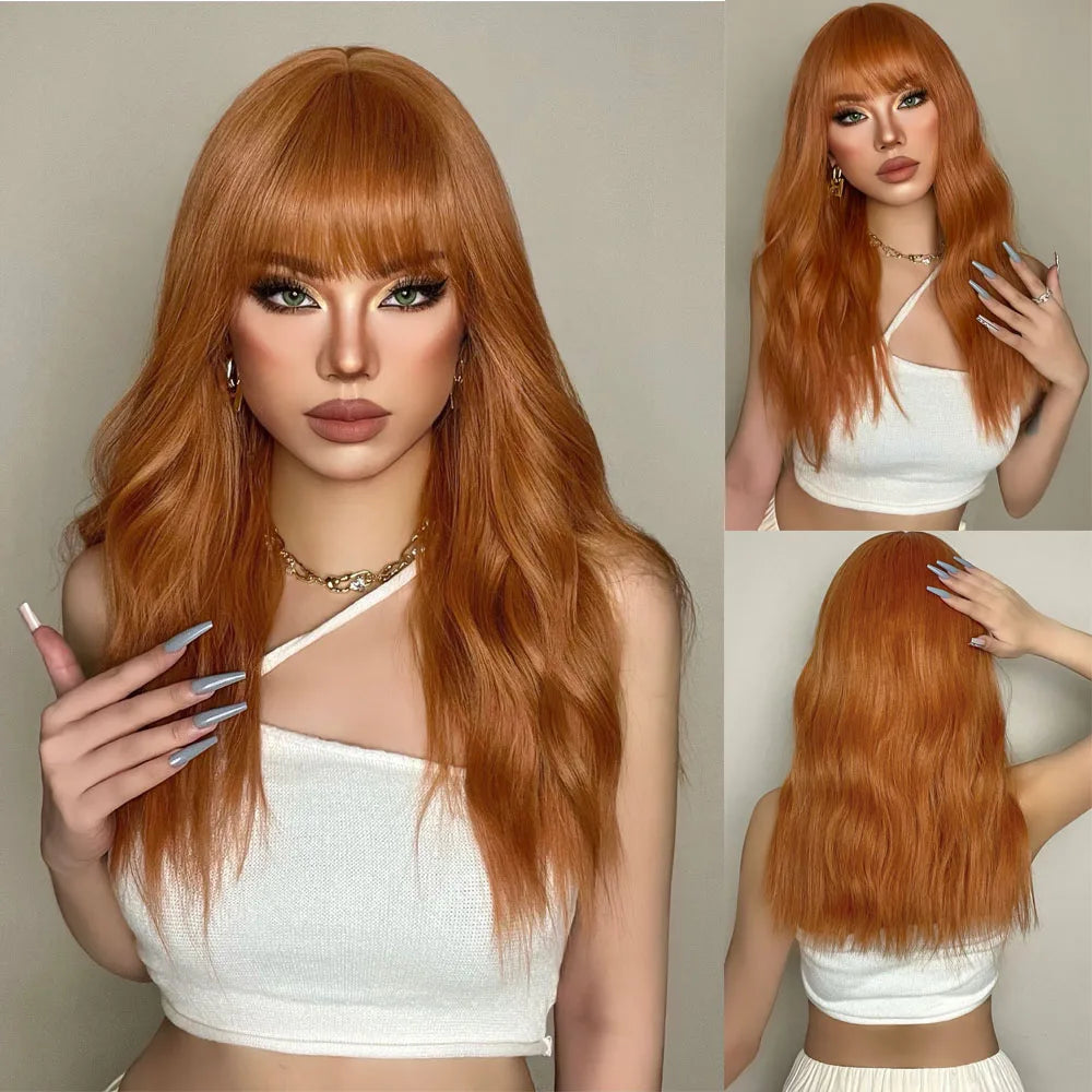 the MADELEINE - Ombre Honey Brown Synthetic Hair Wigs, Long Natural Body Wavy Wig with Bangs, Realistic Daily Party Soft Wig Heat Resistant Fiber