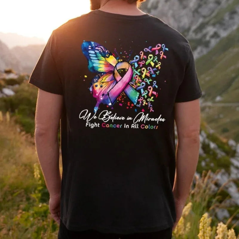 the MIRACLE BELIEVER - Cancer Warrior T-Shirt Butterfly Ribbon Graphic Tees