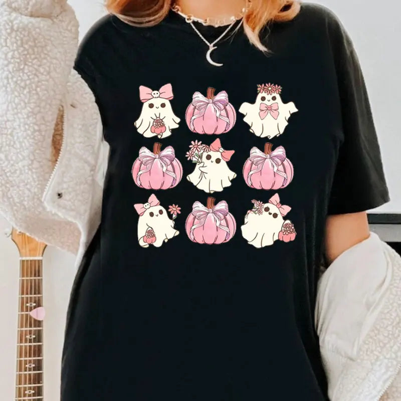 the OCTOBER COLLECTION - In October We Wear Pink Print T-Shirts Ghost Halloween Cute Pink Ghost Breast Cancer Awareness