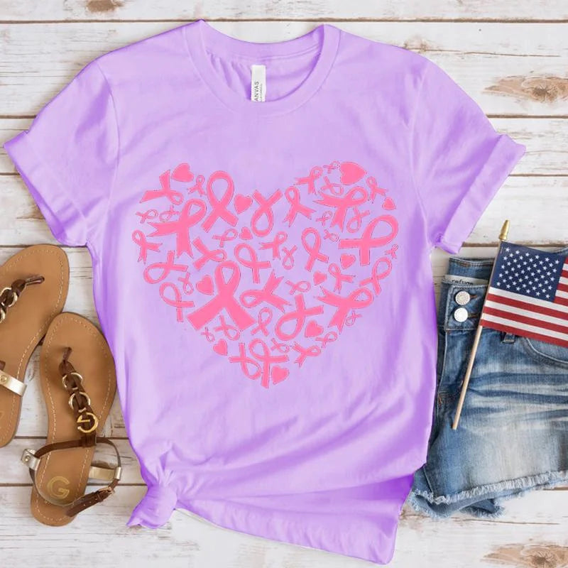 the RIBBON HEART - Breast Cancer Awareness Heart Print T-Shirt