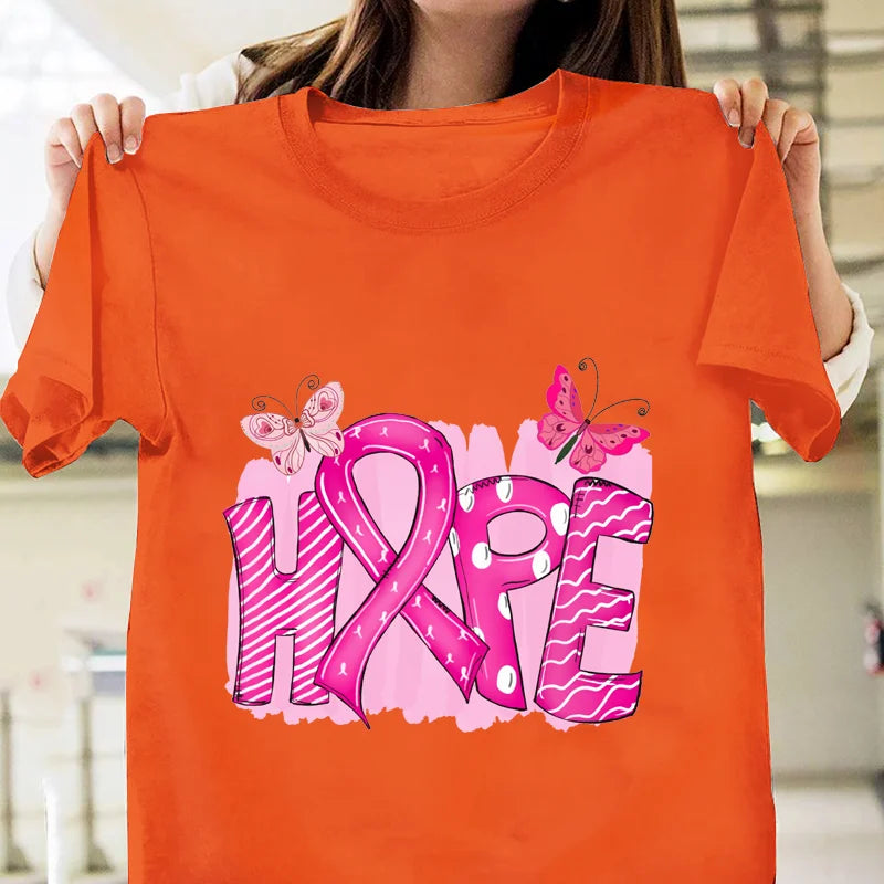 the HOPE BUTTERFLIES - Pink Breast Cancer Awareness Graphic Printed T-Shirt Breast Cancer Prevention Women's Round Neck Short Sleeve T-Shirt