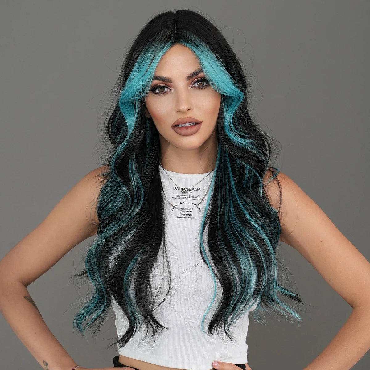 the X-WOMAN ROGUE - Layered Wig Synthetic Light Blue Wig for Women, Cosplay Resistant Fiber Highlight Blue Wavy Wigs with Fluffy Bangs