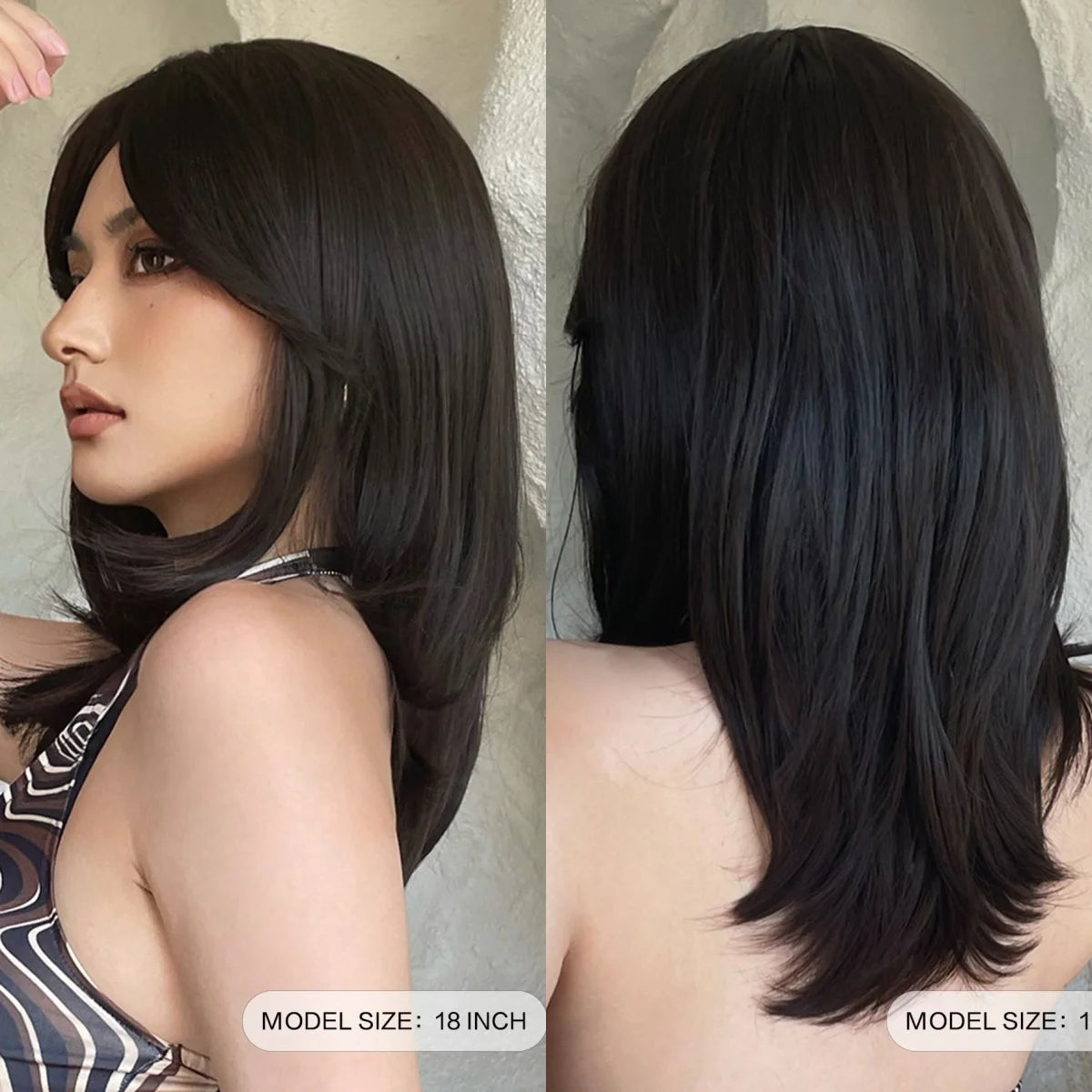 the MULAN - Shoulder Black Brown Layered Synthetic Natural Hair Wigs for Women, Straight Daily Women's Heat-Resistant Wig with Curtain Bangs