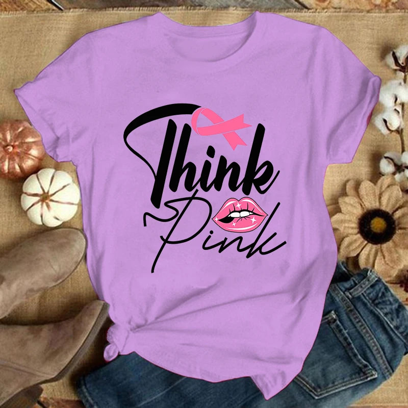 the THINK PINK - Breast Cancer Print Casual T-Shirt for Women, Summer Casual Short Sleeve Tops