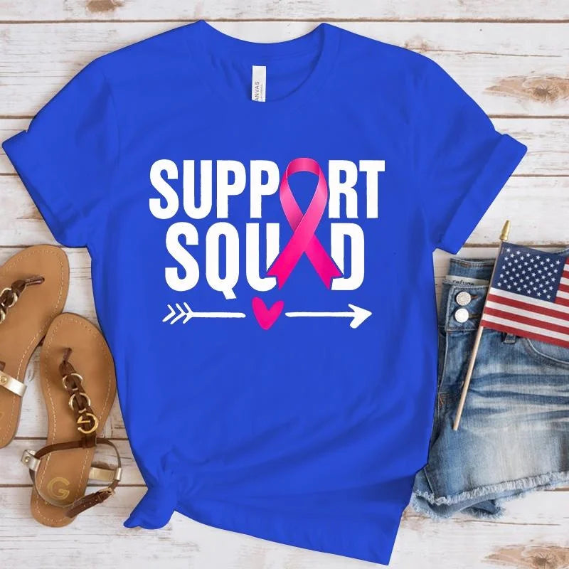 the SUPPORT SQUAD - Breast Cancer Awareness Support Squad Printed Short Sleeve Shirts for Women