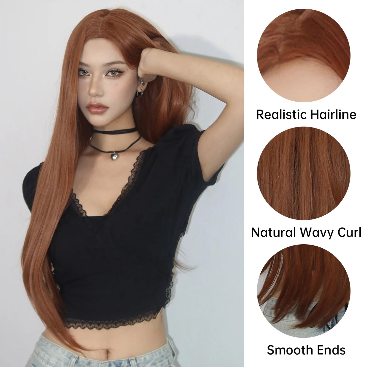 the ANNIE - Copper Ginger Brown Long Straight Wig, Synthetic Women's Wigs Middle Part Cosplay Daily Use Natural Hair Heat Resistant Fibre