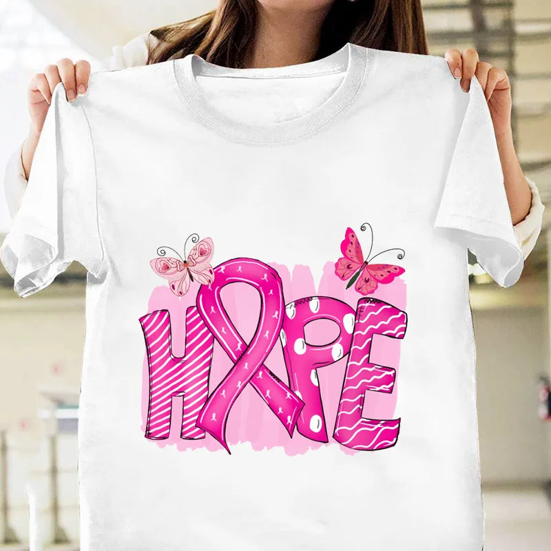 the HOPE BUTTERFLIES - Pink Breast Cancer Awareness Graphic Printed T-Shirt Breast Cancer Prevention Women's Round Neck Short Sleeve T-Shirt
