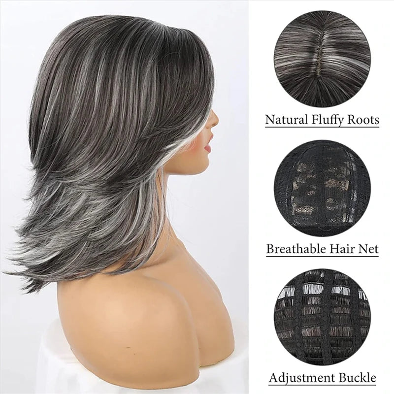 the LAYERED BOB - Dark Gray Ombre Layered Wigs with Bangs for Women, Synthetic Hair Short Gray Highlight Straight Layered Bob Wig
