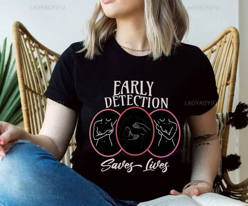 the EARLY DETECTION - Early Detection Saves Lives Cancer Survivor Cotton Woman T-Shirt Breast Cancer Awareness