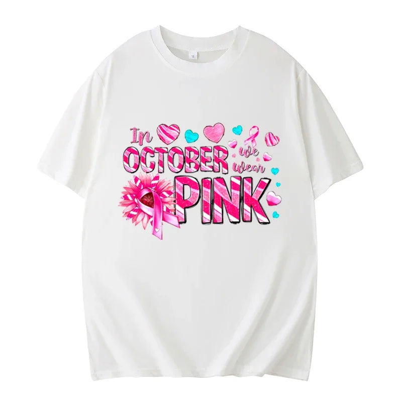 the OCTOBER PINK - In October We Wear Pink Short-Sleeved Shirts Pink Breast Cancer Awareness