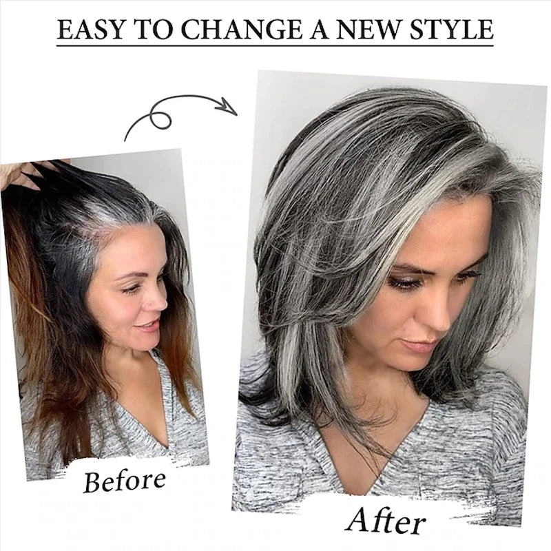 the LAYERED BOB - Dark Gray Ombre Layered Wigs with Bangs for Women, Synthetic Hair Short Gray Highlight Straight Layered Bob Wig