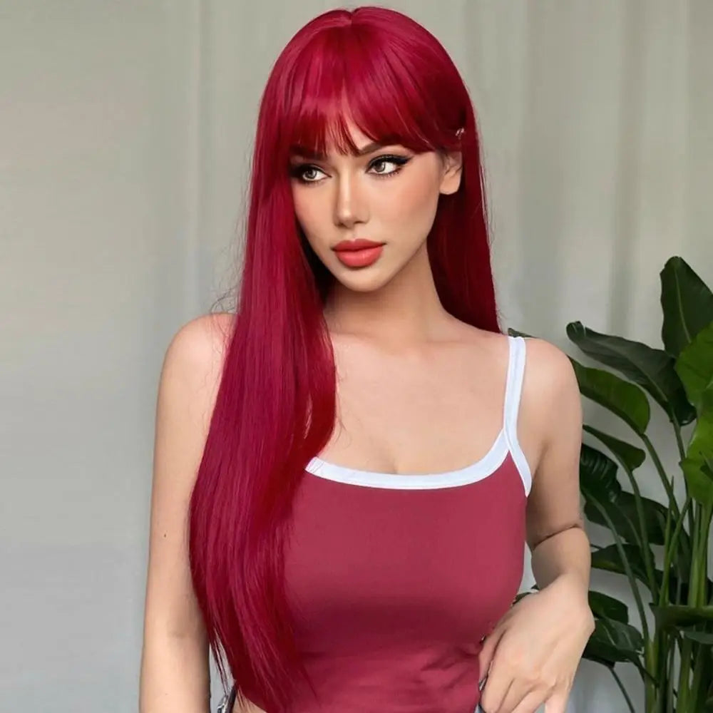 the HOT GIRL CLUB - Long Straight Synthetic Wigs, Air Bangs Natural Heat-Resistant Hair, Women Daily Halloween/Cosplay Party Full Head Cover