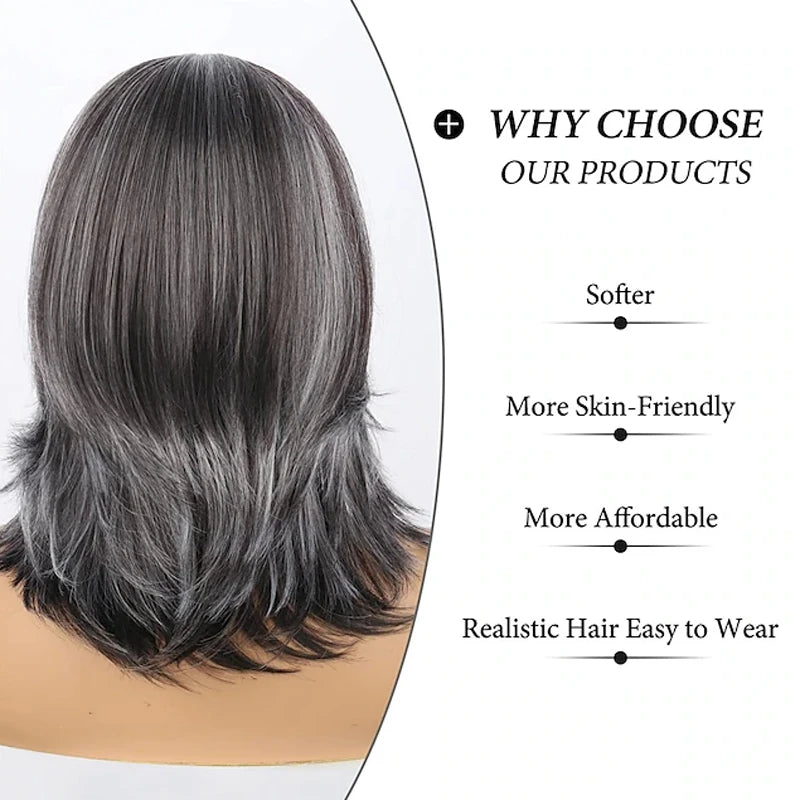 the LAYERED BOB - Dark Gray Ombre Layered Wigs with Bangs for Women, Synthetic Hair Short Gray Highlight Straight Layered Bob Wig