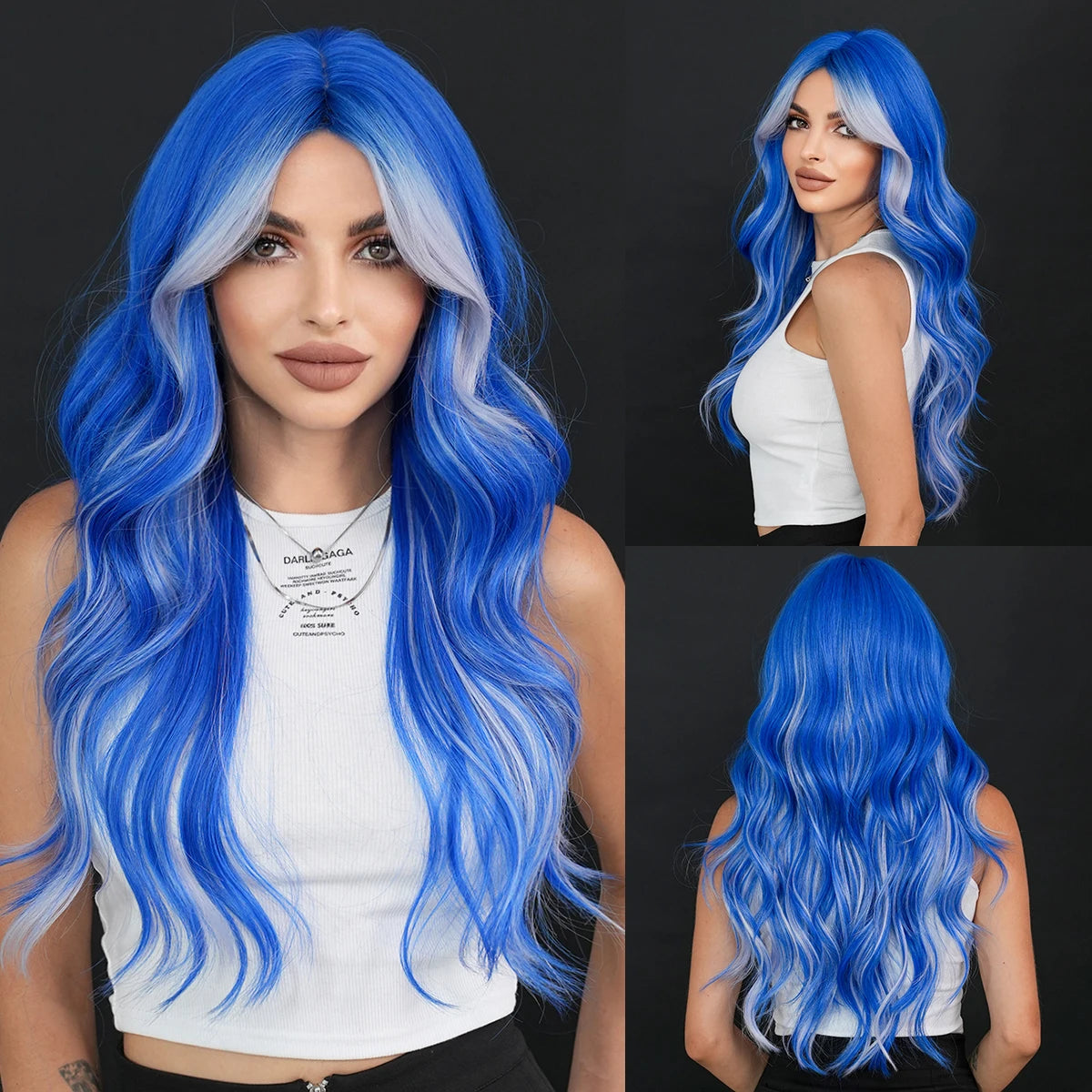 the X-WOMAN ROGUE - Layered Wig Synthetic Light Blue Wig for Women, Cosplay Resistant Fiber Highlight Blue Wavy Wigs with Fluffy Bangs