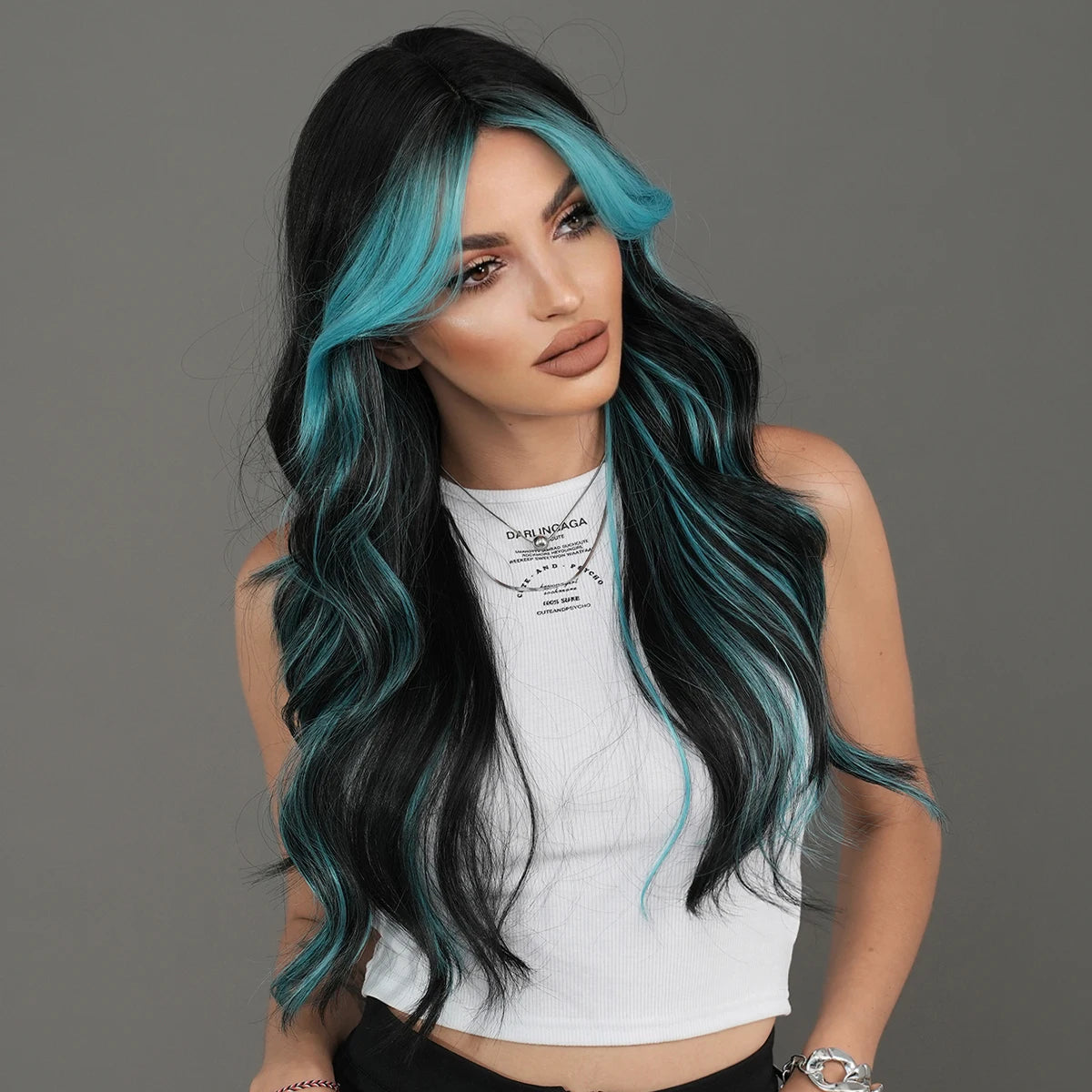 the X-WOMAN ROGUE - Layered Wig Synthetic Light Blue Wig for Women, Cosplay Resistant Fiber Highlight Blue Wavy Wigs with Fluffy Bangs