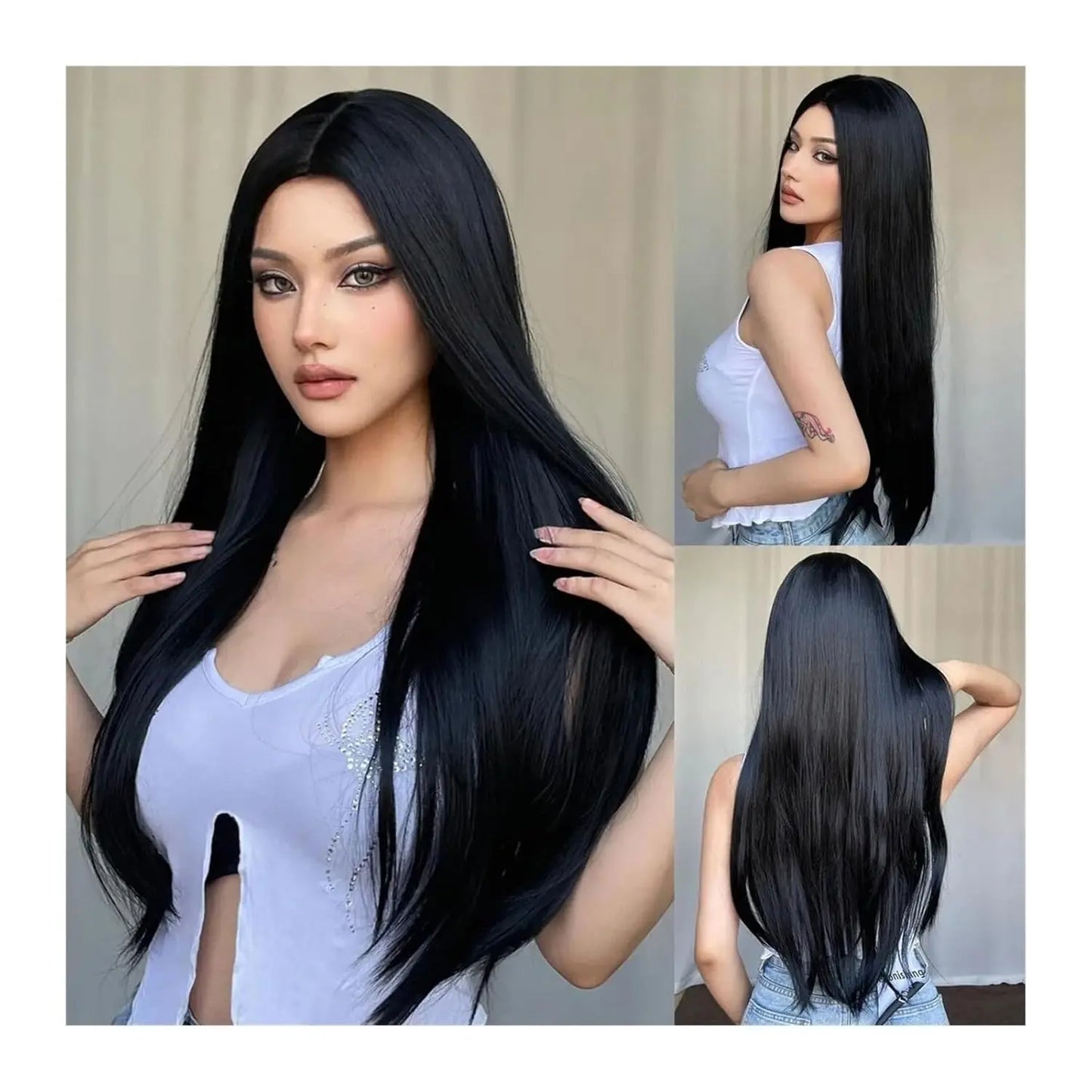 the HOT GIRL CLUB - Long Straight Synthetic Wigs, Air Bangs Natural Heat-Resistant Hair, Women Daily Halloween/Cosplay Party Full Head Cover
