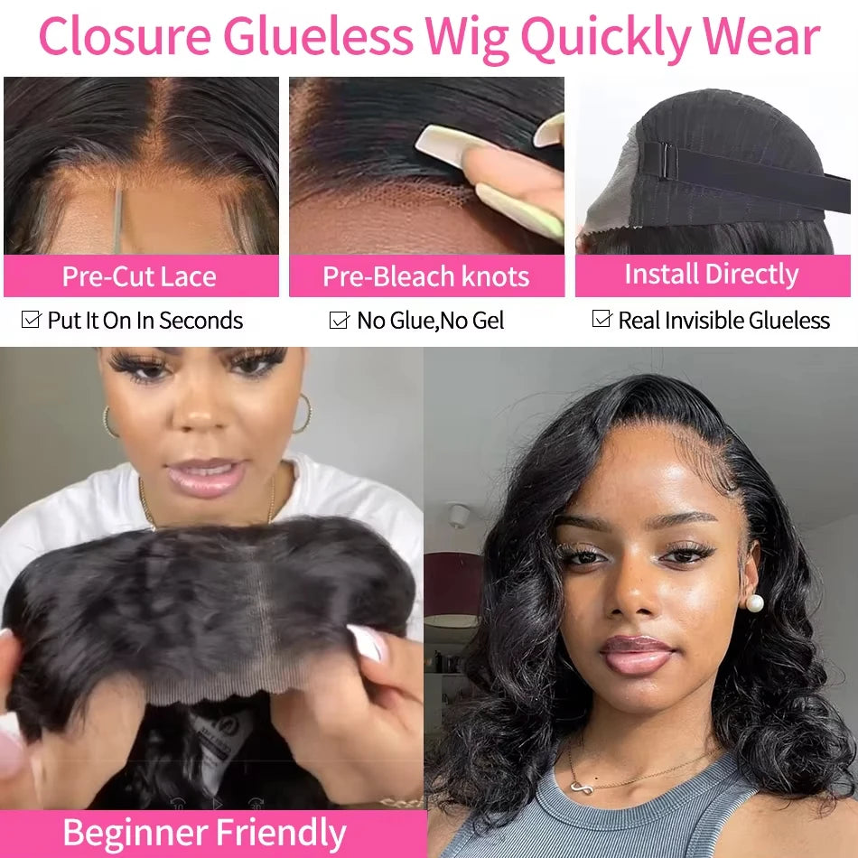 the BODY WAVE - Brazilian Body Wave Short Bob 13x4 13x6 HD Transparent Lace Front Human Hair Wigs, 5x5 High Density Pre-Plucked Lace Frontal Wig