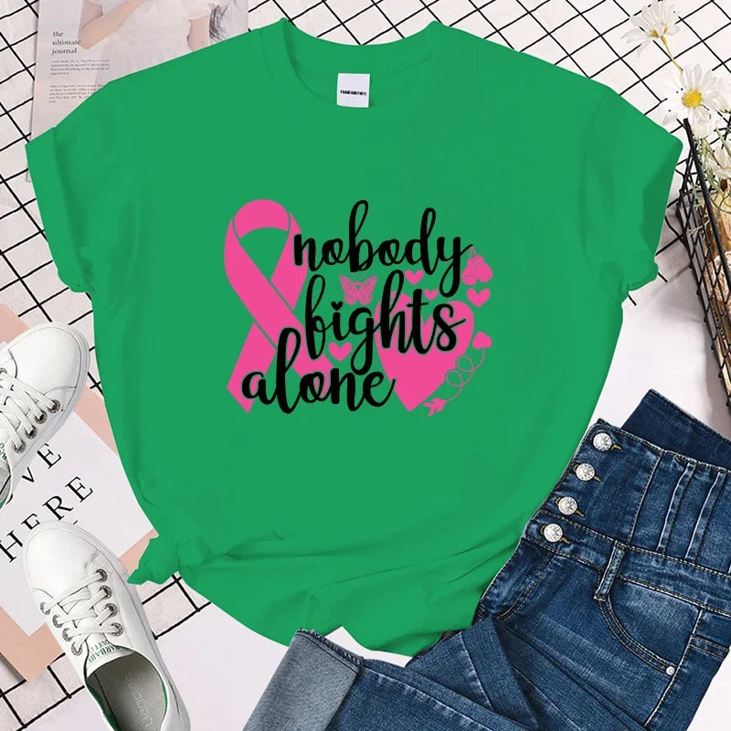 the STRONGER TOGETHER - Breast Cancer Awareness Nobody Fights Alone Printing Shirt Short Sleeve T Shirt