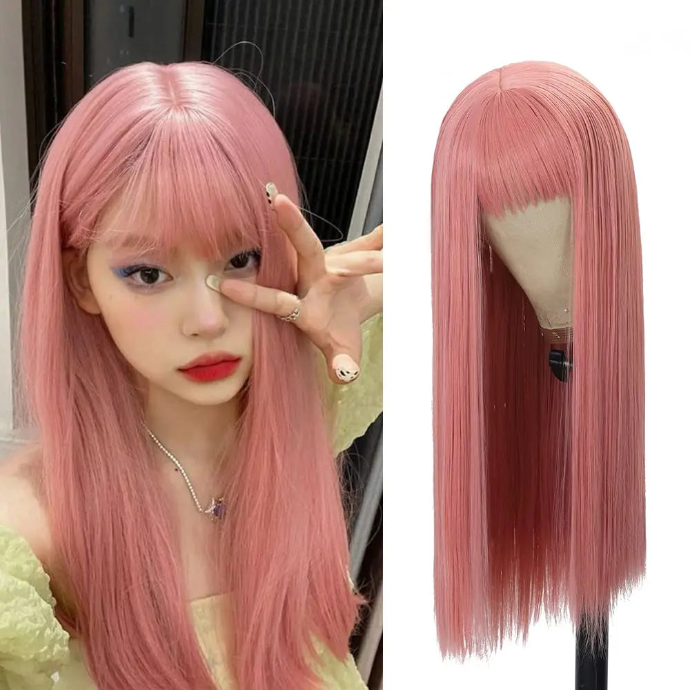 the PINK GIRL - Pink Long Straight Synthetic Wig, Air Fringe Daily Cosplay Party Heat Resistant Full Headgear
