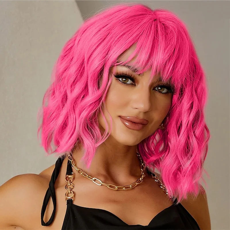 the POP STAR - Synthetic Hair Women Pink Bob Wigs, Short Curly Heat Resistant Party Wig