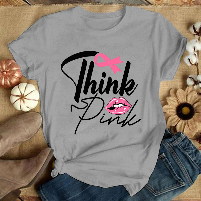 the THINK PINK - Breast Cancer Print Casual T-Shirt for Women, Summer Casual Short Sleeve Tops