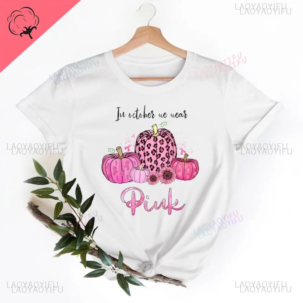the PINK OCTOBER - In October We Wear Pink T-Shirt Breast Cancer Fighter Tee Breast Cancer Awareness T-Shirt Pink Pumpkin Shirt Motivational Tops