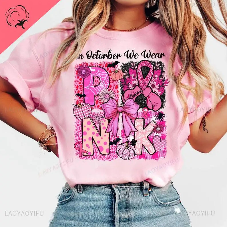 the WE WEAR PINK - In October We Wear Pink Halloween Breast Cancer Pumpkin Retro Halloween, Pink Ribbon Halloween Boxing Glove