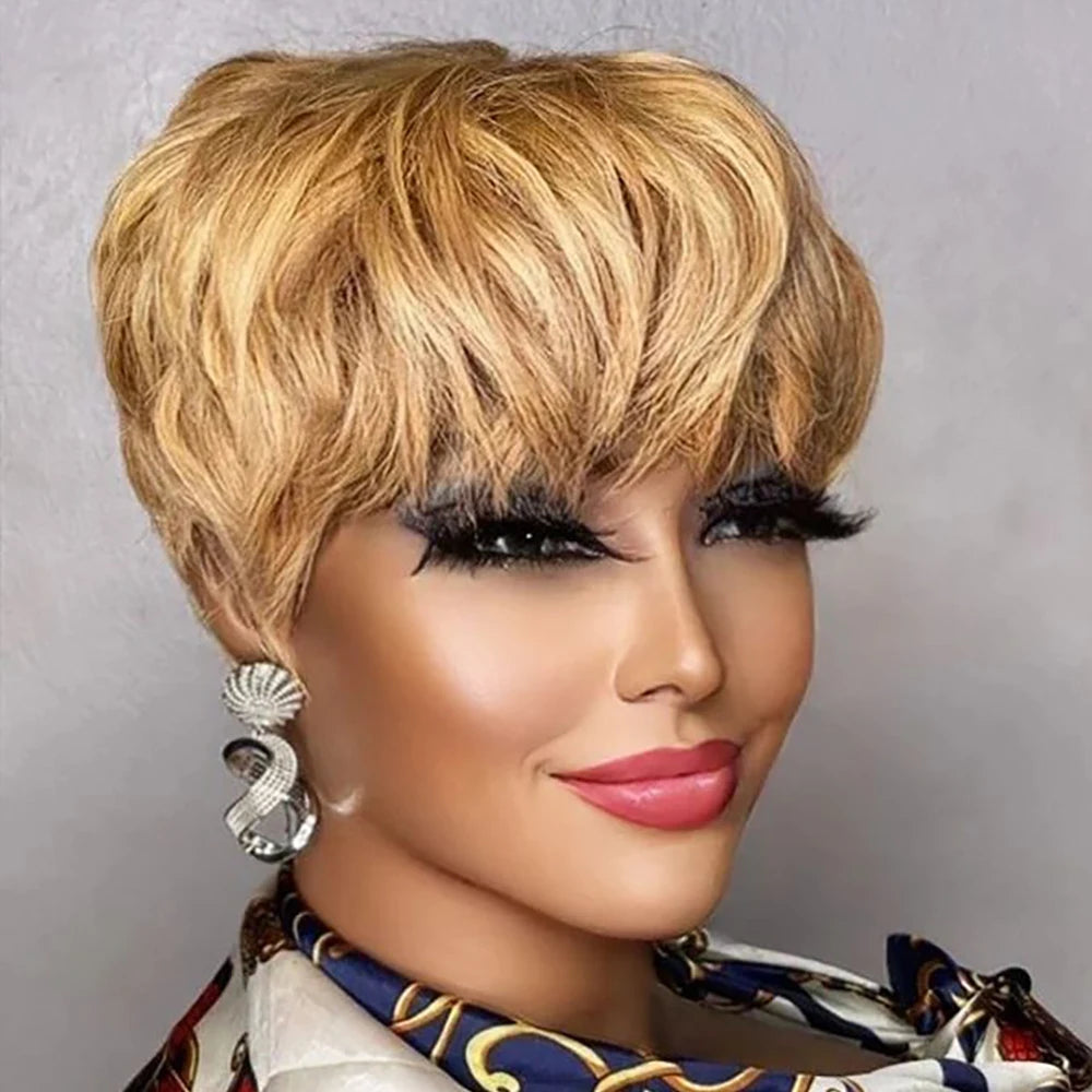 the PIXIE - Short Pixie Cut Wig, Human Hair for Women, Machine Made Wigs with Bangs, Colored Brazilian Wig Human Hair Wigs