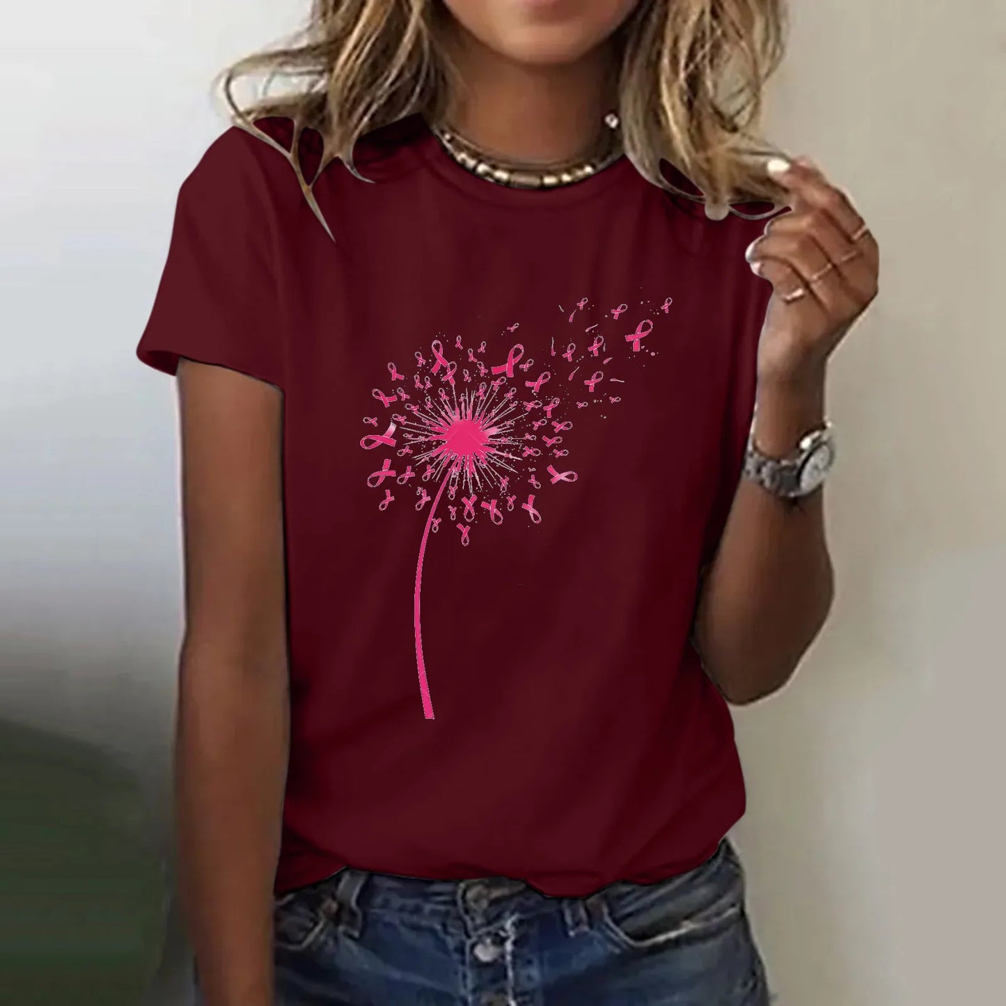 the RIBBON DANDELION - Pink Ribbon Dandelion Print Casual Tops for Women