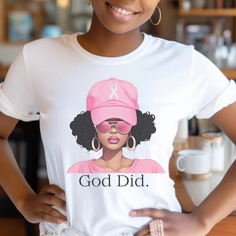 the GOD DID - African Black Woman Breast Cancer Awareness Print T-Shirt Melanin Lady Tee