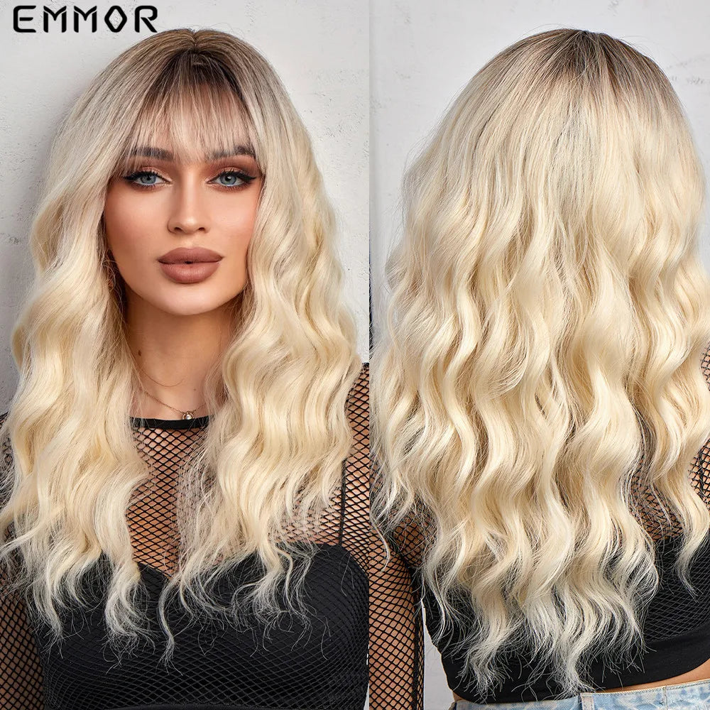 the RACHEL - Synthetic Light Brown Natural Medium Long Wavy Hair Wig with Bangs for Women, Heat Resistant Daily Cosplay Party Wigs