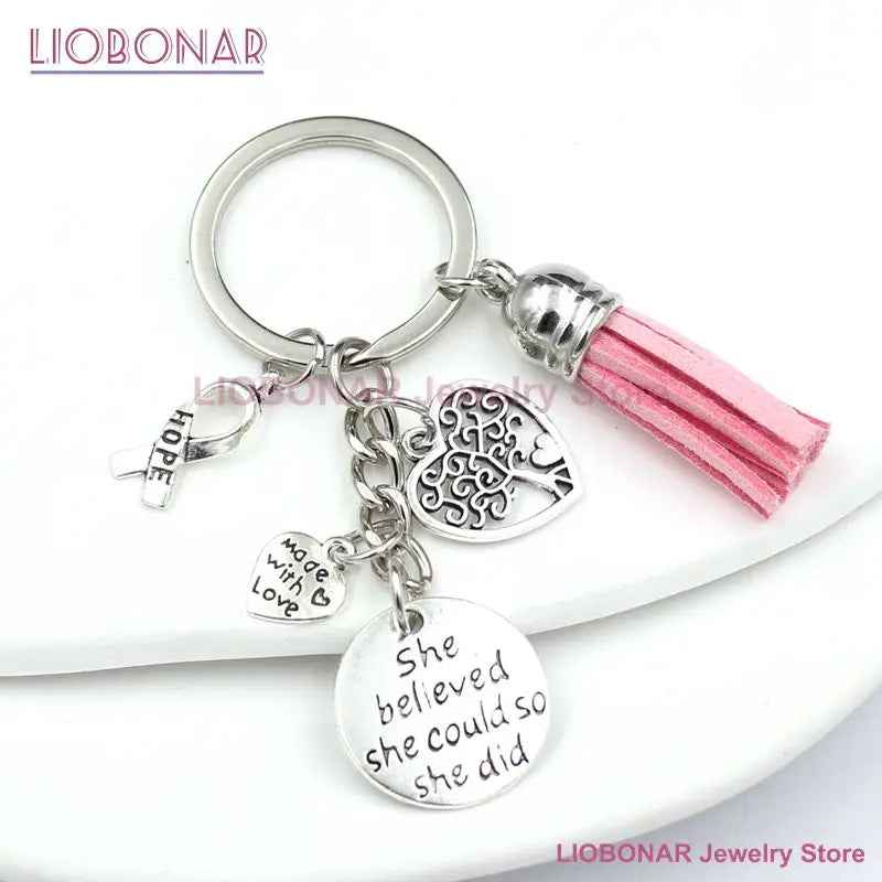 the PINK FAITH COLLECTION - Breast Cancer Awareness Pink Ribbon Tassel Keychains
