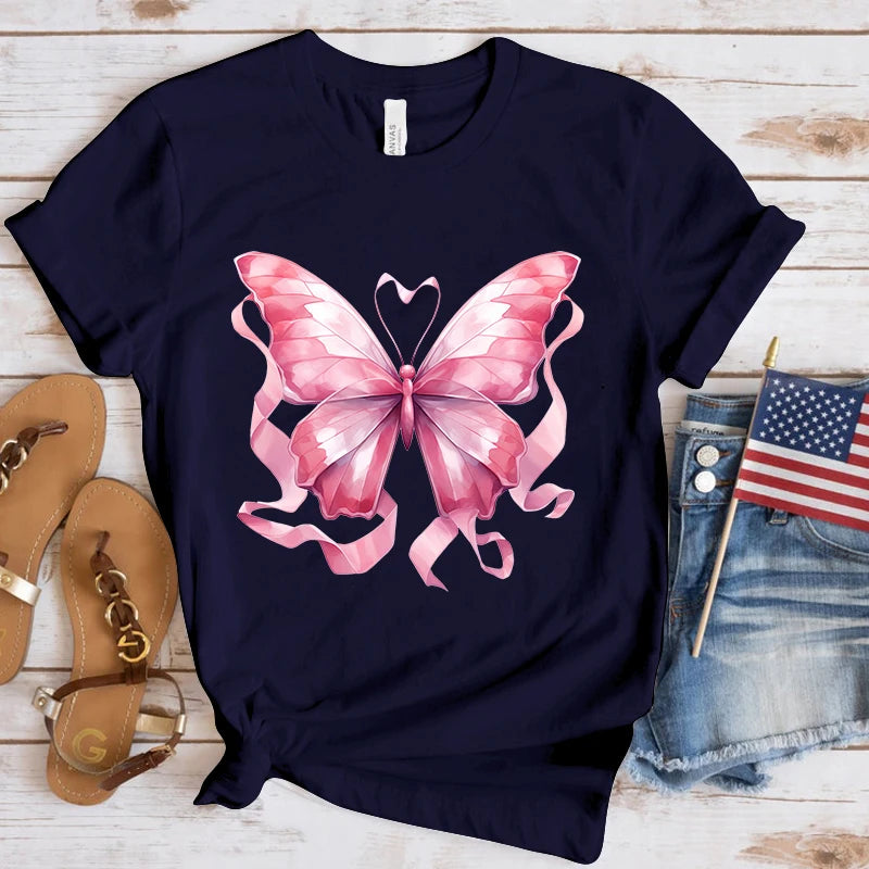 the BUTTERFLY RIBBON - Breast Cancer Awareness Butterfly Print T-Shirts