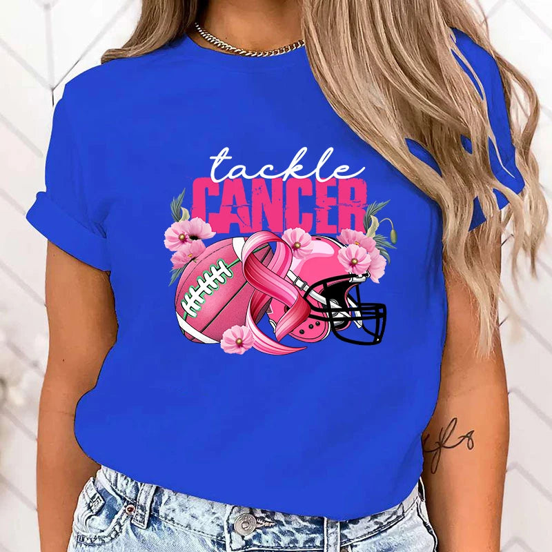 the TACKLE CANCER - Fashion Funny Breast Cancer Awareness Tackle Cancer Printed T-Shirts for Women