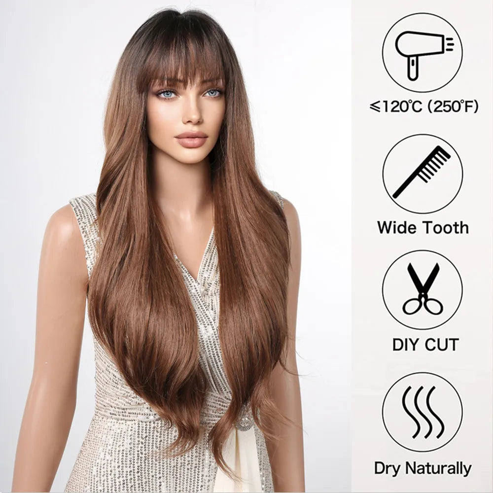 the MADELEINE - Ombre Honey Brown Synthetic Hair Wigs, Long Natural Body Wavy Wig with Bangs, Realistic Daily Party Soft Wig Heat Resistant Fiber