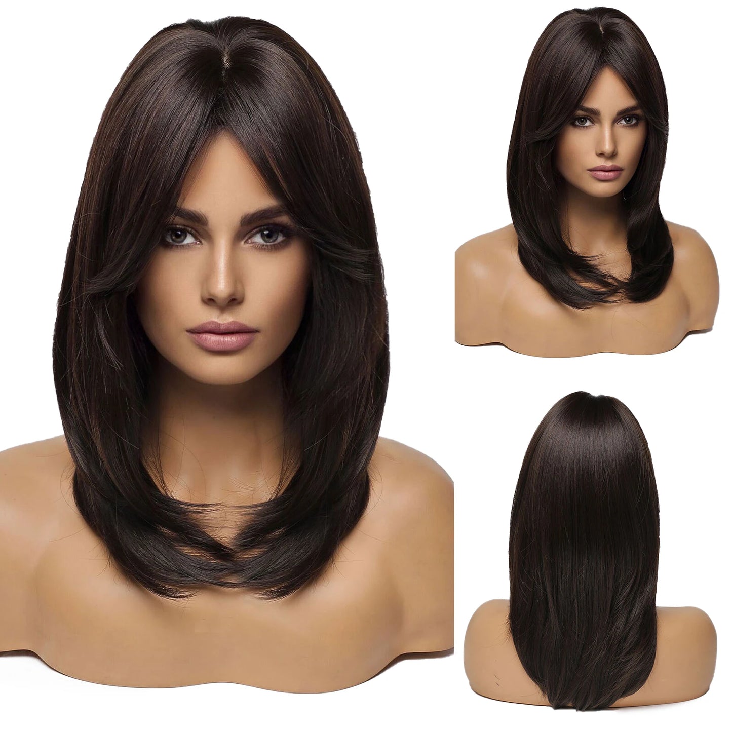 the MULAN - Shoulder Black Brown Layered Synthetic Natural Hair Wigs for Women, Straight Daily Women's Heat-Resistant Wig with Curtain Bangs