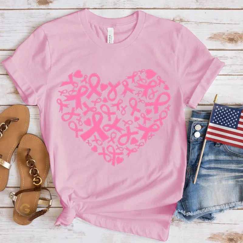 the RIBBON HEART - Breast Cancer Awareness Heart Print T-Shirt