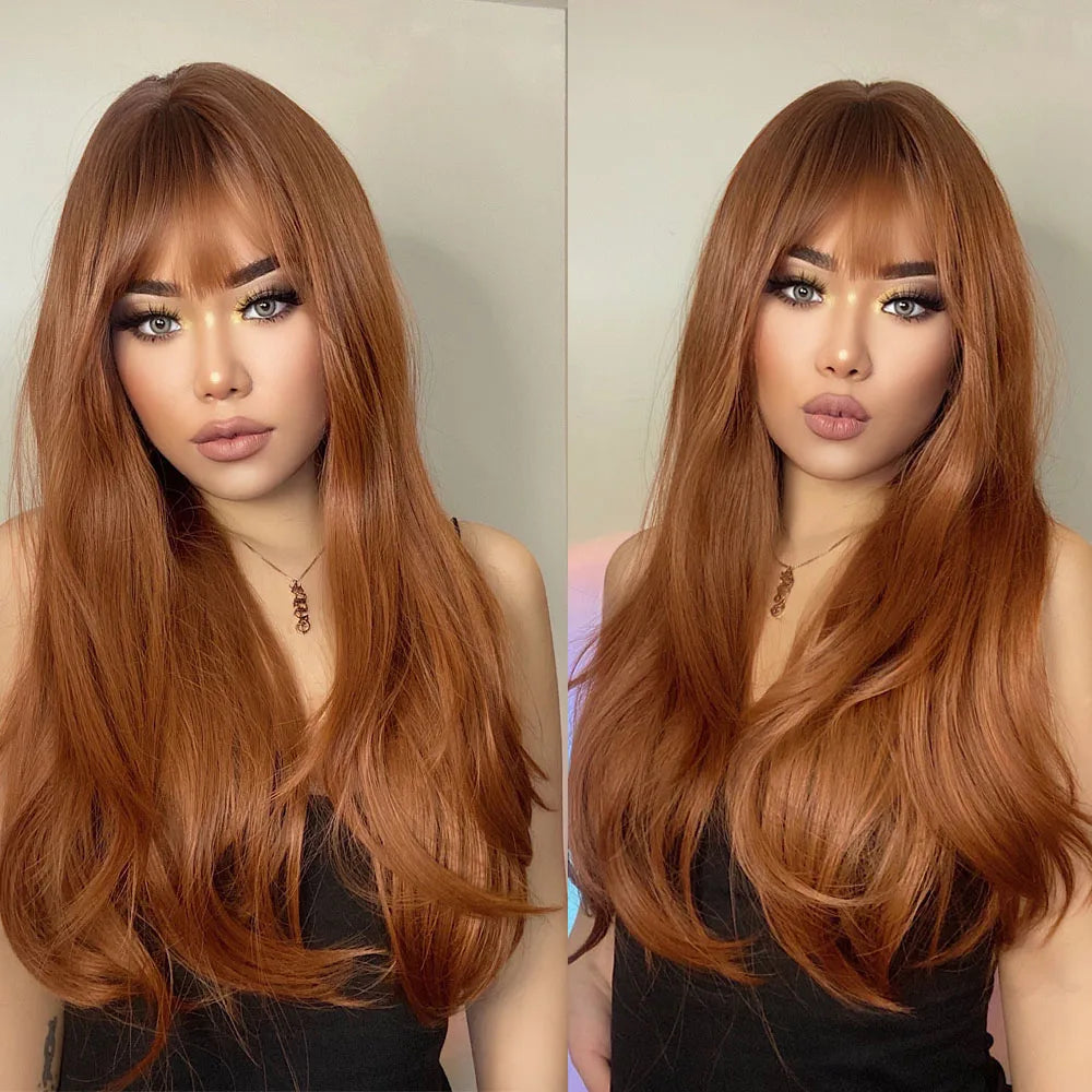 the MADELEINE - Ombre Honey Brown Synthetic Hair Wigs, Long Natural Body Wavy Wig with Bangs, Realistic Daily Party Soft Wig Heat Resistant Fiber