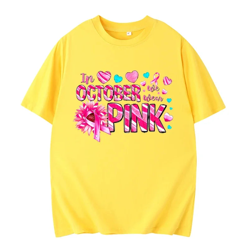 the OCTOBER PINK - In October We Wear Pink Short-Sleeved Shirts Pink Breast Cancer Awareness