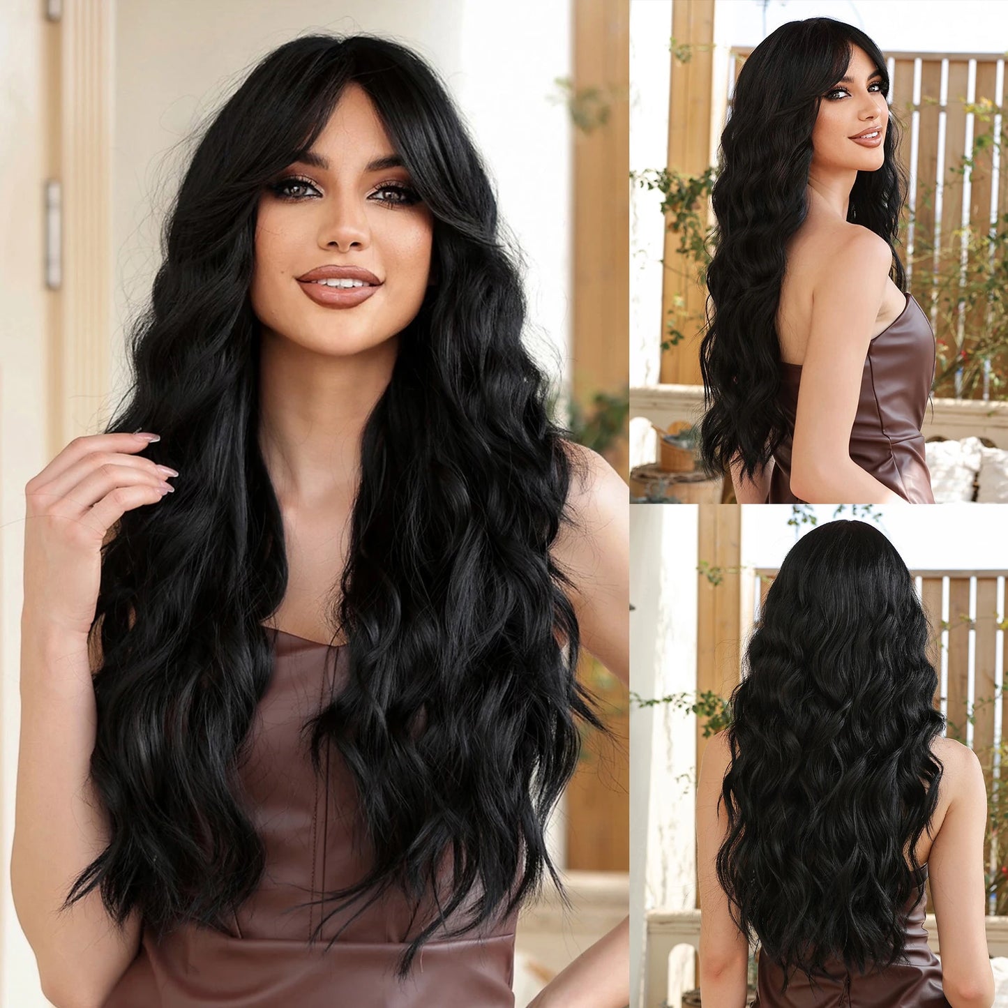 the BANG BADDIE - Ombre Brown Synthetic Long Wavy Wig with Fluffy Bangs for Women, Natural Hair Brown Blonde Highlight Wigs for Daily Cosplay Use
