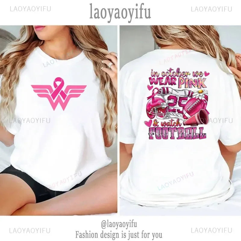 the PINK RIBBON COLLECTION - In October Pink We Wear Graphic T-Shirts for Women Breast Cancer Awareness