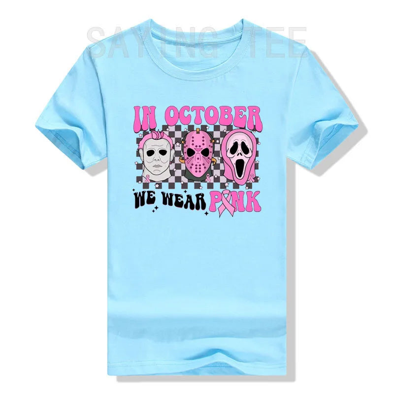 the SCARY MOVIE - Women Horror Movie Halloween Costume Gifts Pink Ribbon Breast Cancer Awareness T-Shirts Funny Novelty Graphic Short Sleeve Tops