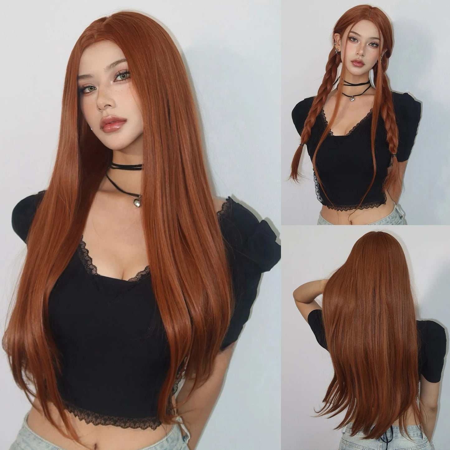the ANNIE - Copper Ginger Brown Long Straight Wig, Synthetic Women's Wigs Middle Part Cosplay Daily Use Natural Hair Heat Resistant Fibre